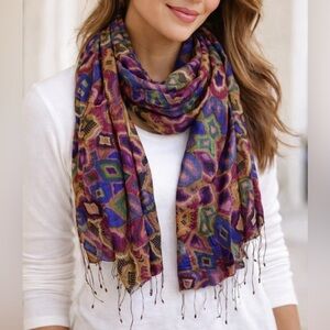 Feathers by Tolani 100% Silk Scarf Vibrant Geometric Abstract Print India Tassel